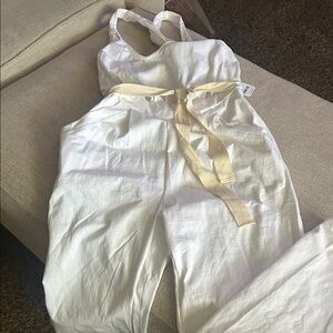 Free People White Jumpsuit with Cream Belt & twisted back, cotton has pockets